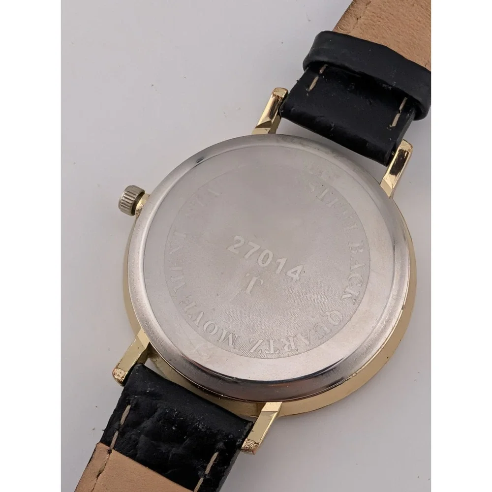Women's Quartz Watch 38mm Gold Case Crystal Bezel Black Leather Band New Battery